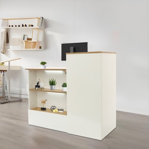 Modern Reception Desk w/Locking Drawer, Open Shelves White+Natural Finish 47.2in gallery