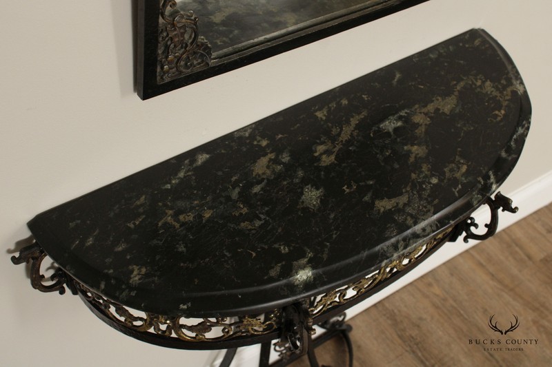 Art Deco Oscar Bach Style Marble Top Wrought Iron Console and Mirror gallery