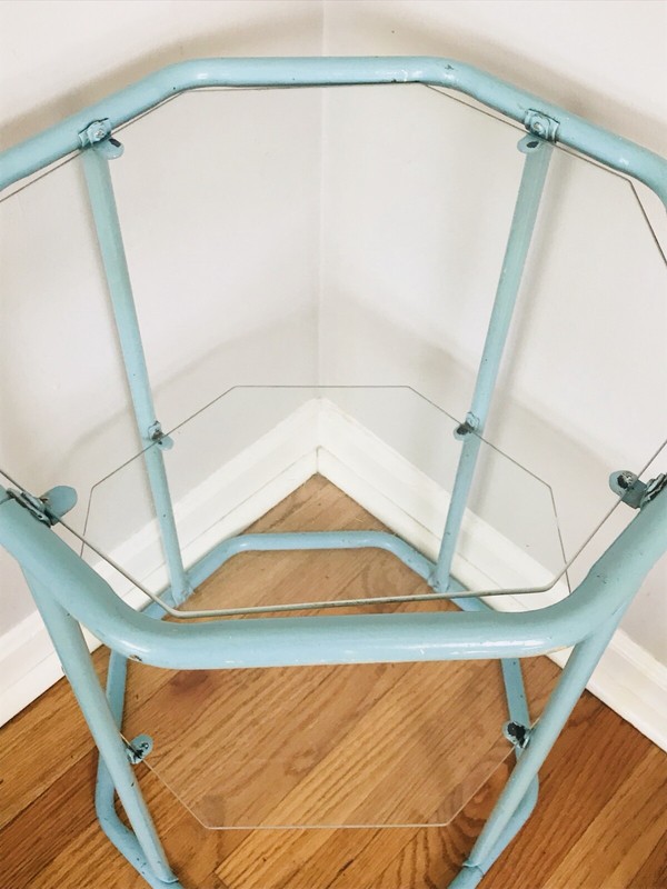 Vintage 1950s Side Table Blue Metal Glass 2 Tier Octagon gallery