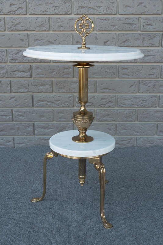 Vintage Italian Ornate Round Gueridon Brass & Marble End Side Table – 15″