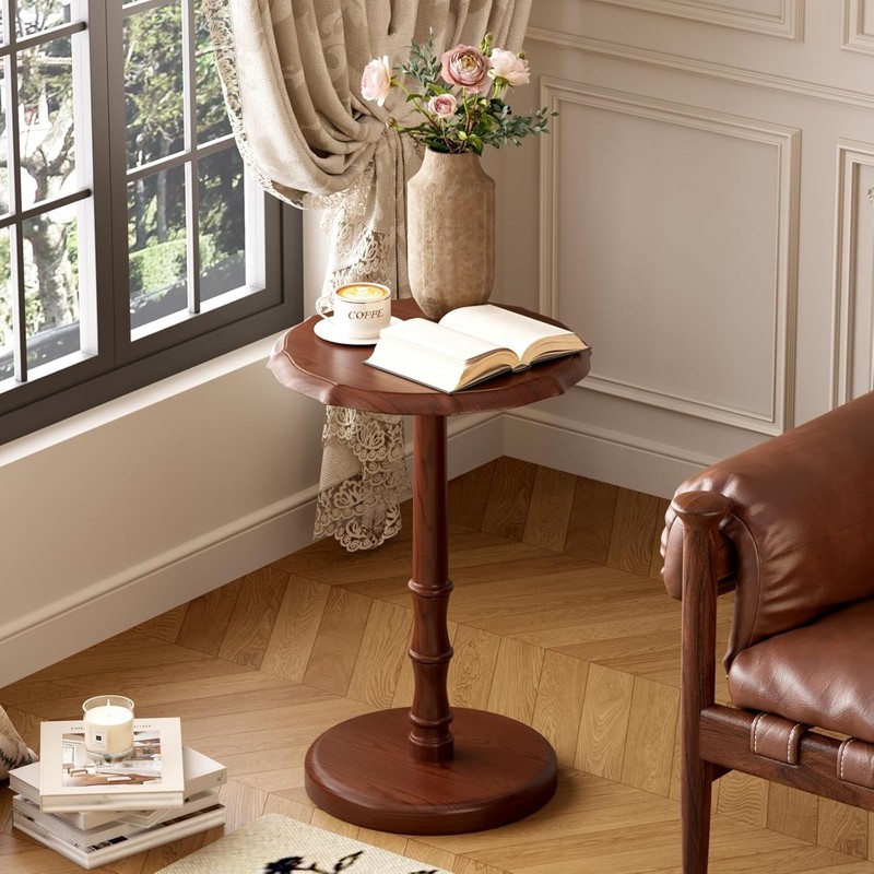 100% solid wood round base side table, heavy-duty antique-style decorative