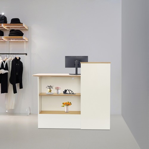 Modern Reception Desk w/Locking Drawer, Open Shelves White+Natural Finish 47.2in gallery