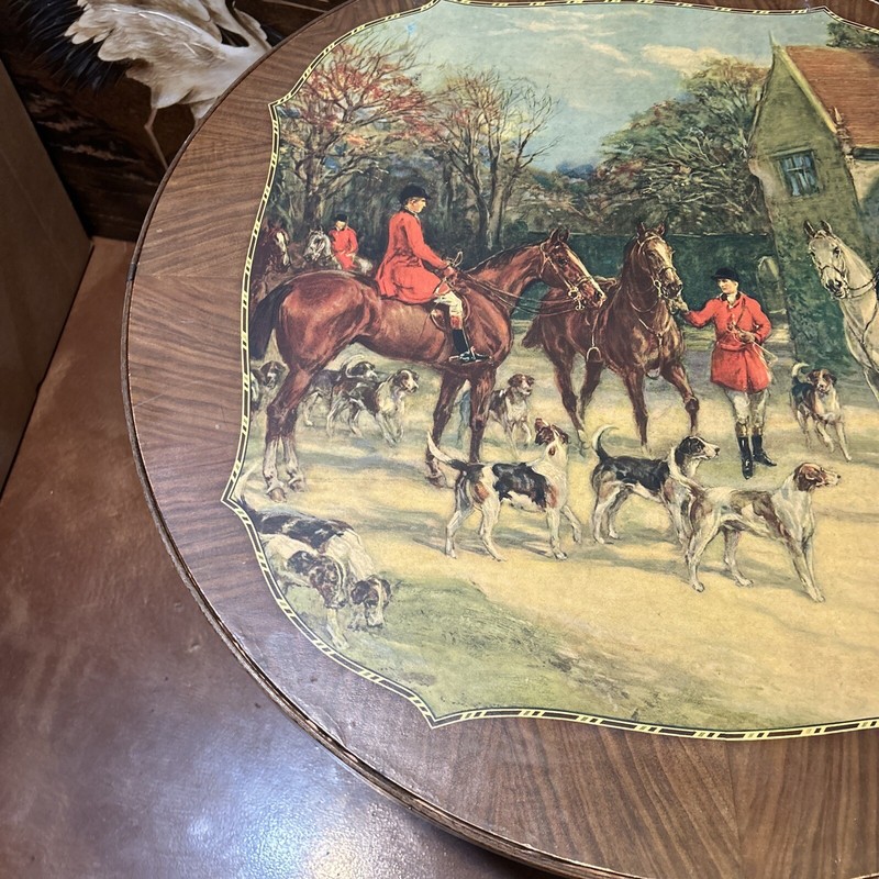 Vintage Walnut Folding Table by Bridge Tables&Novelties,Lowell Mass w/Hunt Scene gallery