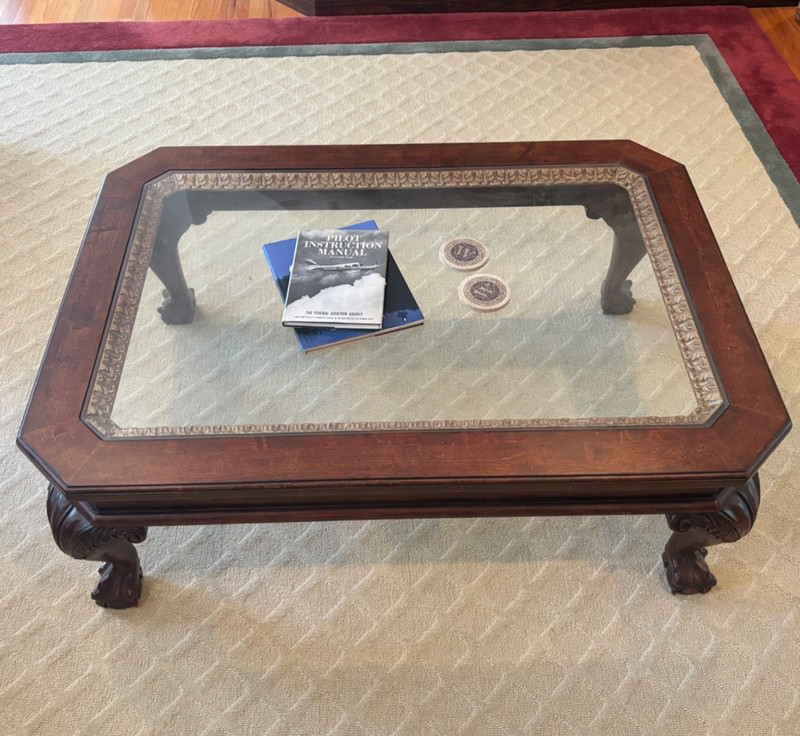 Vintage Rectangle Carved Mahogany Glass Top Coffee Table Claw Feet Beveled Glass