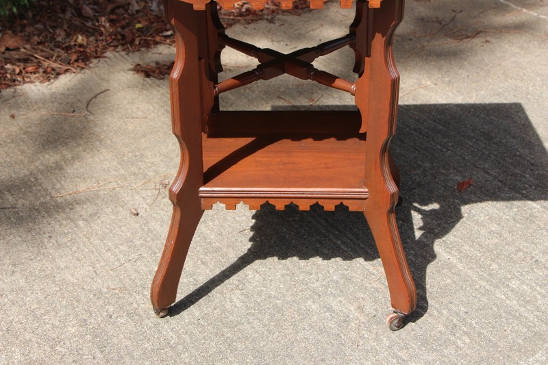 Walnut Victorian Marble Top Eastlake Parlor Table with Display Shelf ~ Ca.1880 gallery