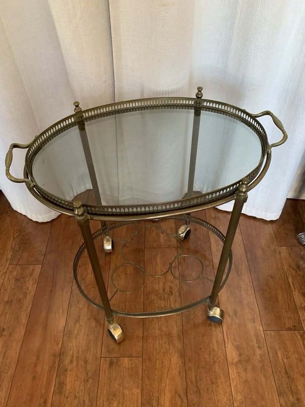 French Vintage Brass & Smoked Glass Bar Cart from Maison Bagues