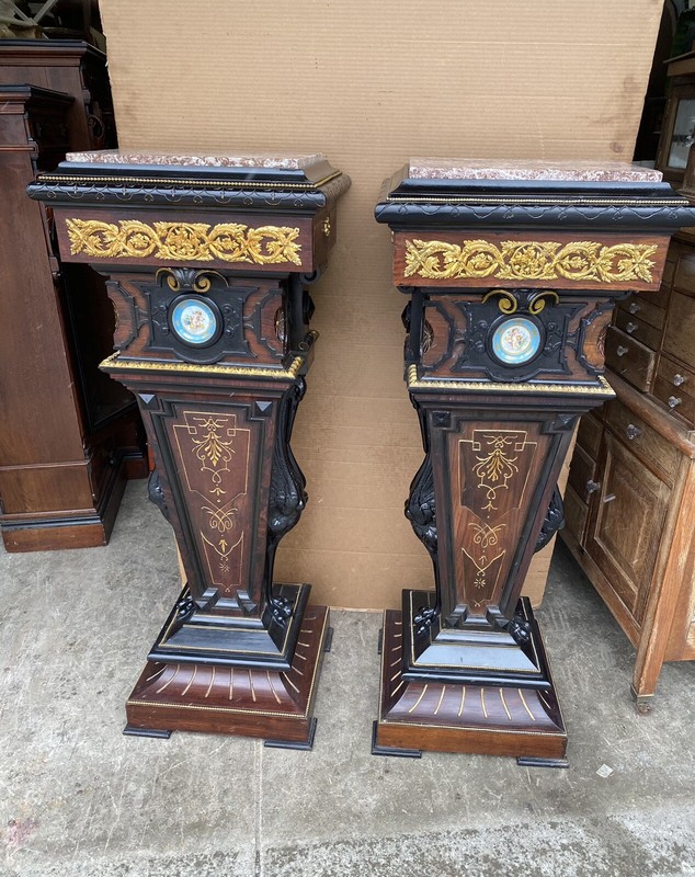 PAIR OF LARGE RENAISSANCE REVIVAL ROSEWOOD INCISED MARBLE TOP PEDESTALS, 51” T