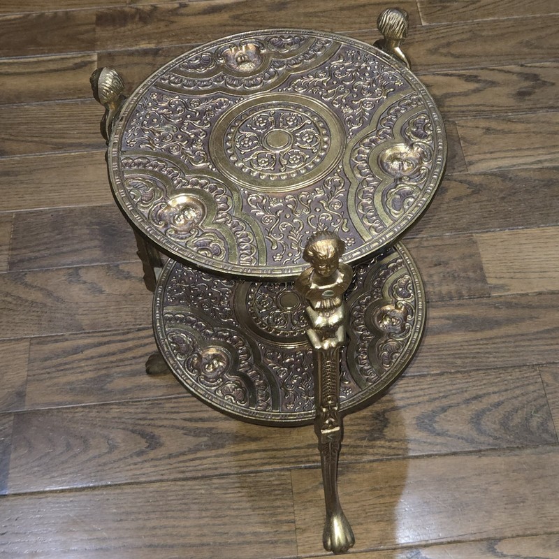 1950s Brass 2-Tier Plant Stand Art Noveau Victorian Cherub Claw Foot Table 19" gallery