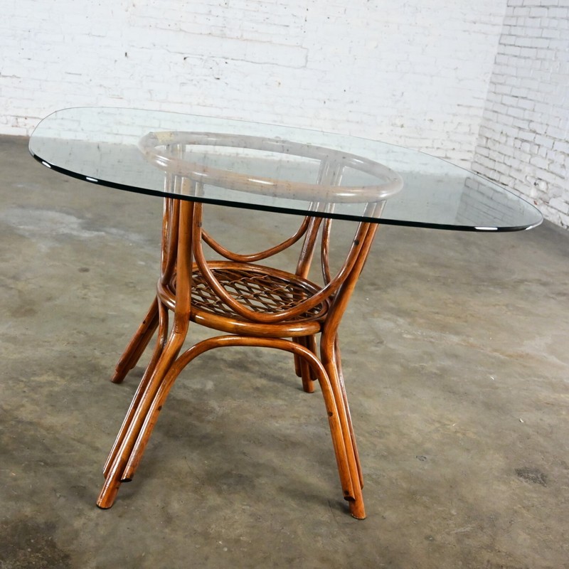 Coastal Island Style or Hollywood Regency Rattan Glass Top Dining or Game Table gallery