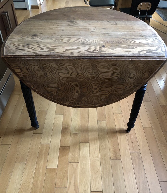 Antique Drop Leaf Wood Table Spiral Legs Casters Handsome Grain Rustic Farmhouse gallery