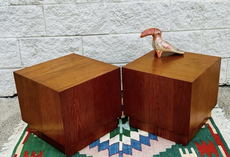 Pair of Walnut Mid Century Modern Cube Shape Side End Tables Plinth Base