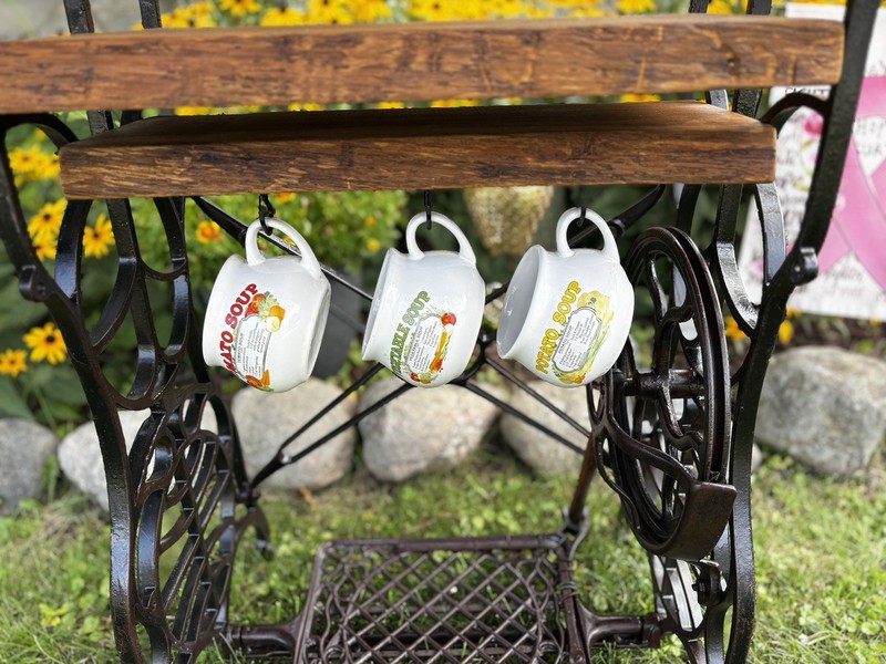Vintage Treadle Sewing Table Glass Top w/ Mug Hooks Coffee Station Display Shelf gallery