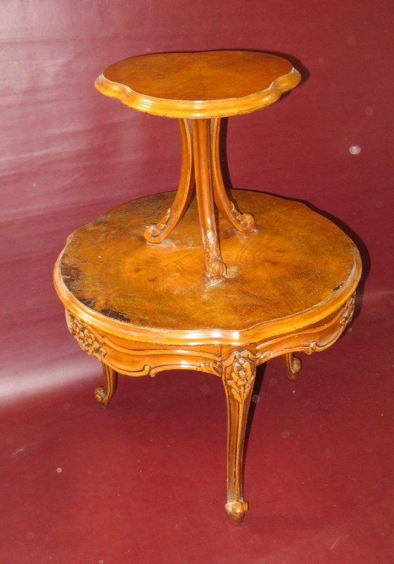 Antique 28.5″ Tall American Burled Walnut Two-Tiered Occasional Table c. 1930