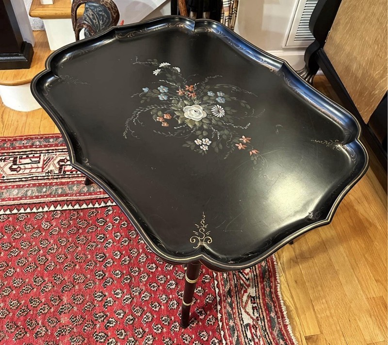Antique Hand Painted Signed English Hand Painted Tole Tray Top Coffee Table gallery