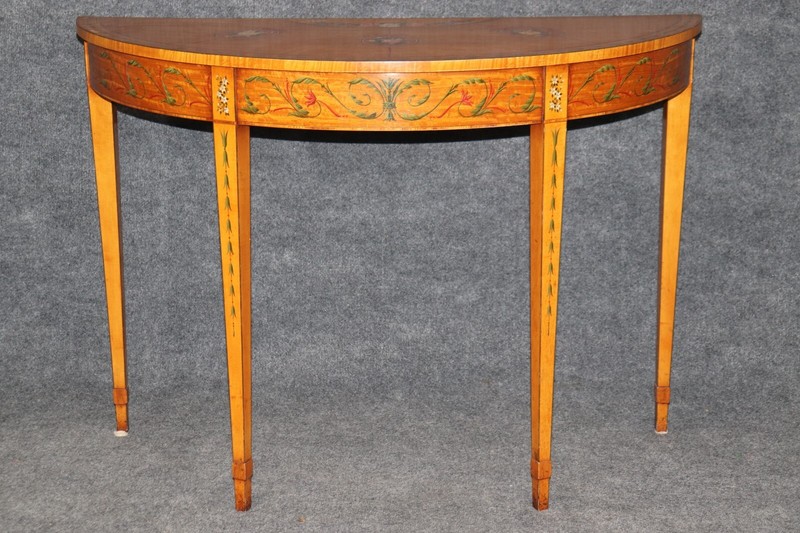 Adams Style Paint Decorated English Satinwood Demilune Console Table