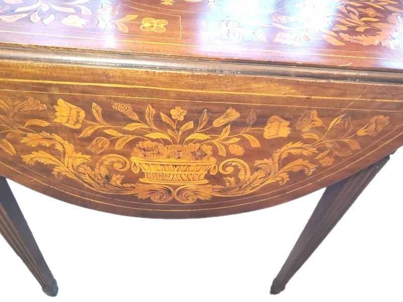 Antique Marquetry Wood Inlaid Floral Dual Drop Leaf Table 29" Tall Single Drawer gallery