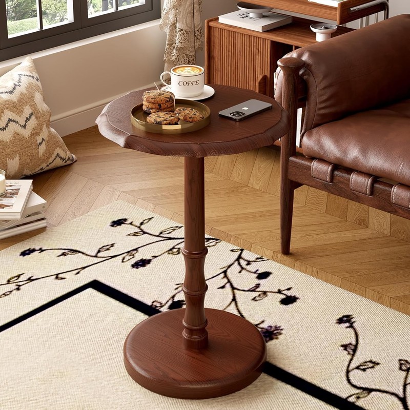 100% solid wood round base side table, heavy-duty antique-style decorative gallery