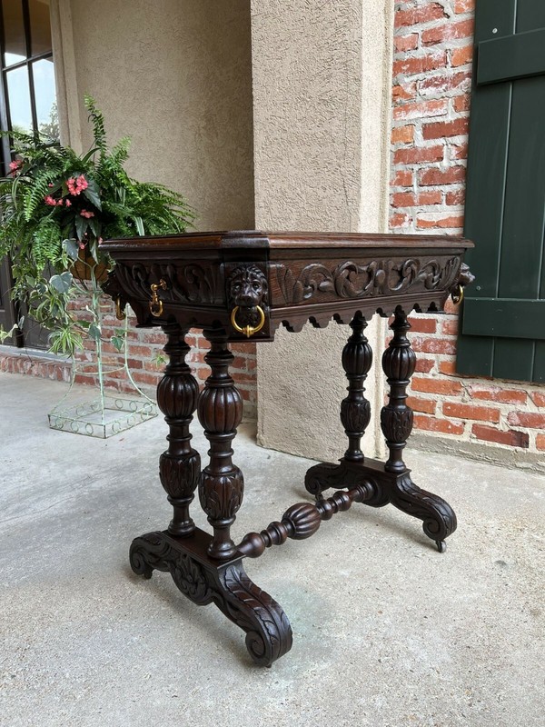 Antique French Carved Oak Library Table Petite Desk Renaissance Lion 19th c