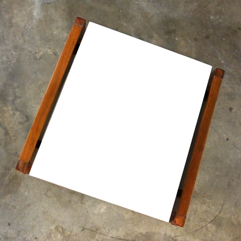 Mid Century Modern Small Square Side Table Teak with White Laminate Top gallery
