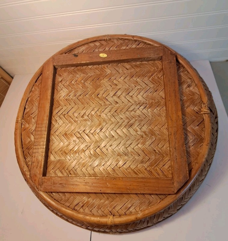 Vintage Wood Rope Rattan Serving Tray Butler Table Top 27" Round Ottoman tray gallery