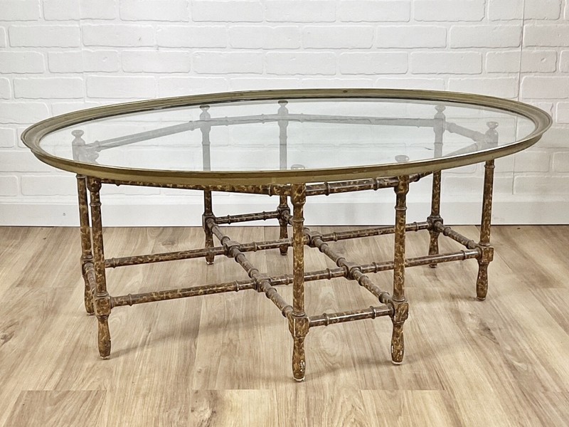 Vintage Baker Hollywood Regency Brass And Glass Top Coffee Table With Faux Bambo