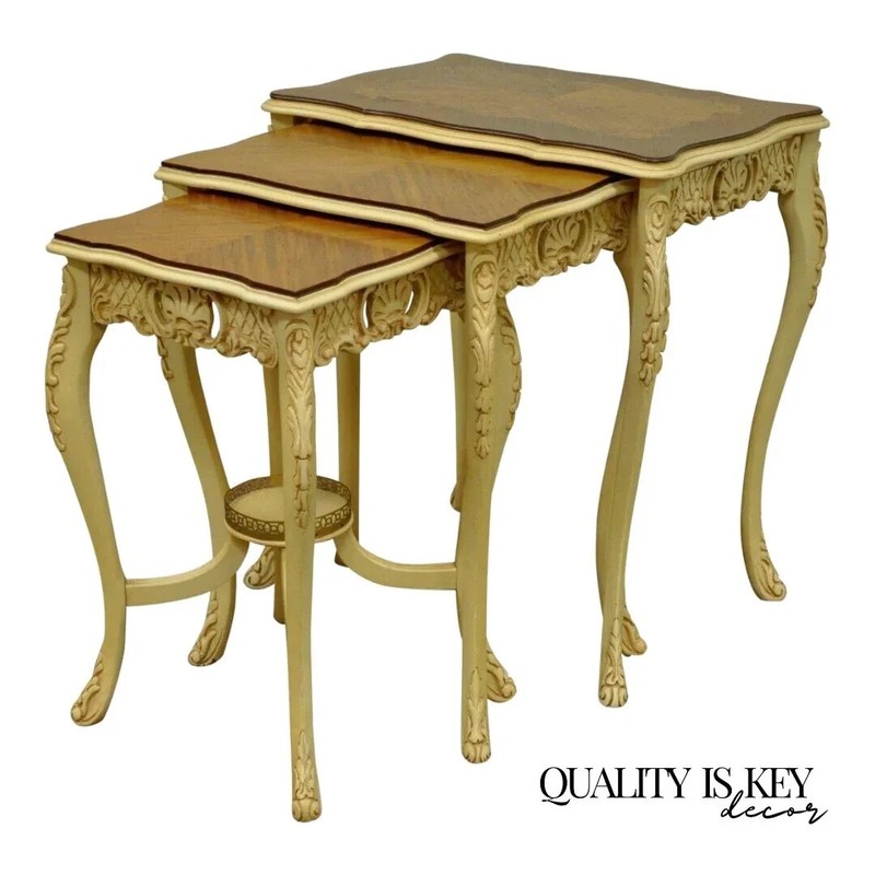 Vintage French Louis XV Style Satinwood Inlay Nesting Side Tables – Set of 3