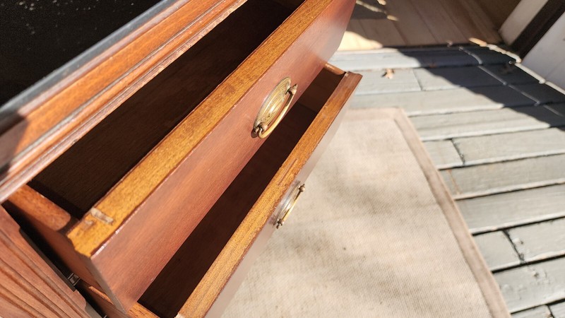 Antique Hardwood 2 drawer side table with Curved Legs & Black Glass Top gallery