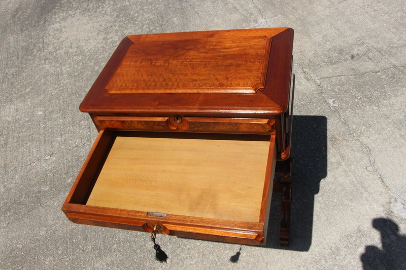Gorgeous Burl Walnut Victorian Sewing Vanity Table with Carved Sides ~ Ca.1870 gallery