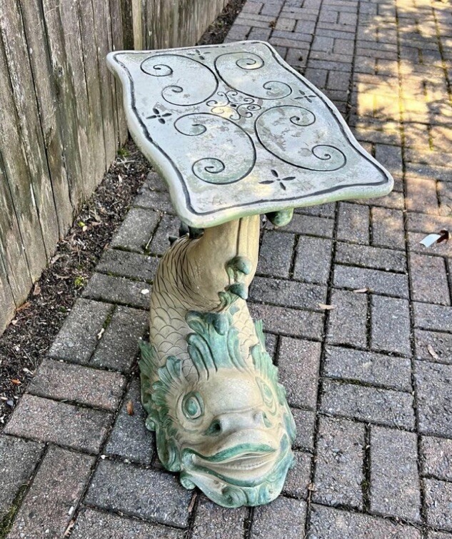 Majolica Dolphin Garden Seat Side Table Plant Stand Circa Mid Century Italy -Koi gallery