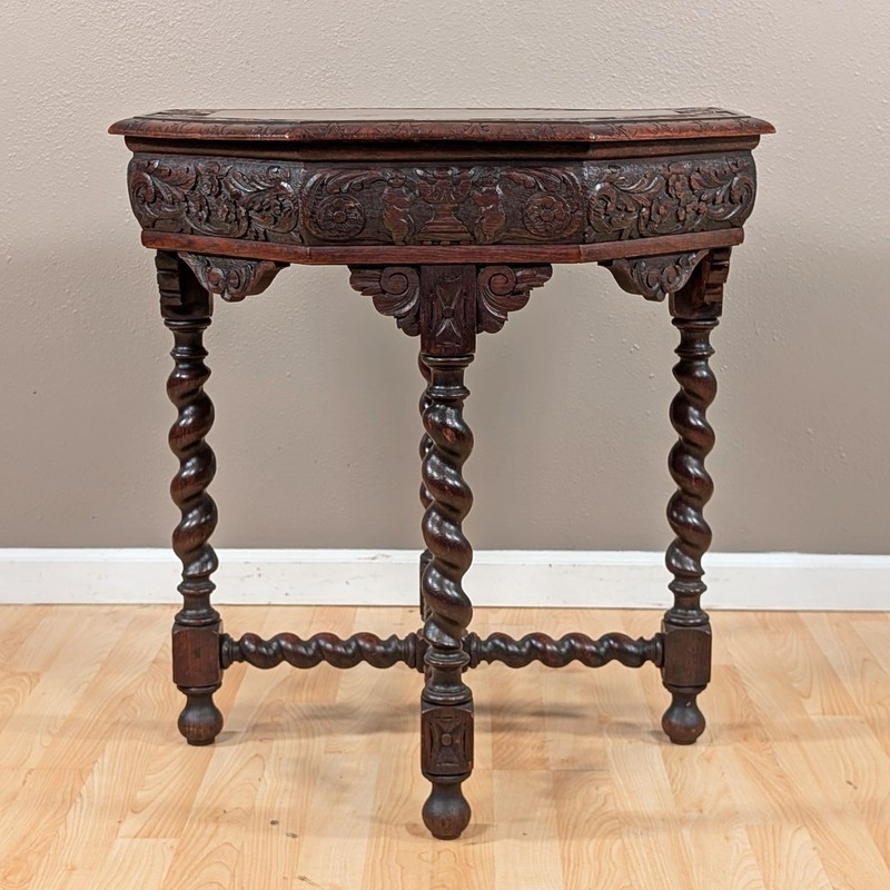 Antique French Octagonal Side Table Barley Twist Legs Hand Carved Dark Oak gallery