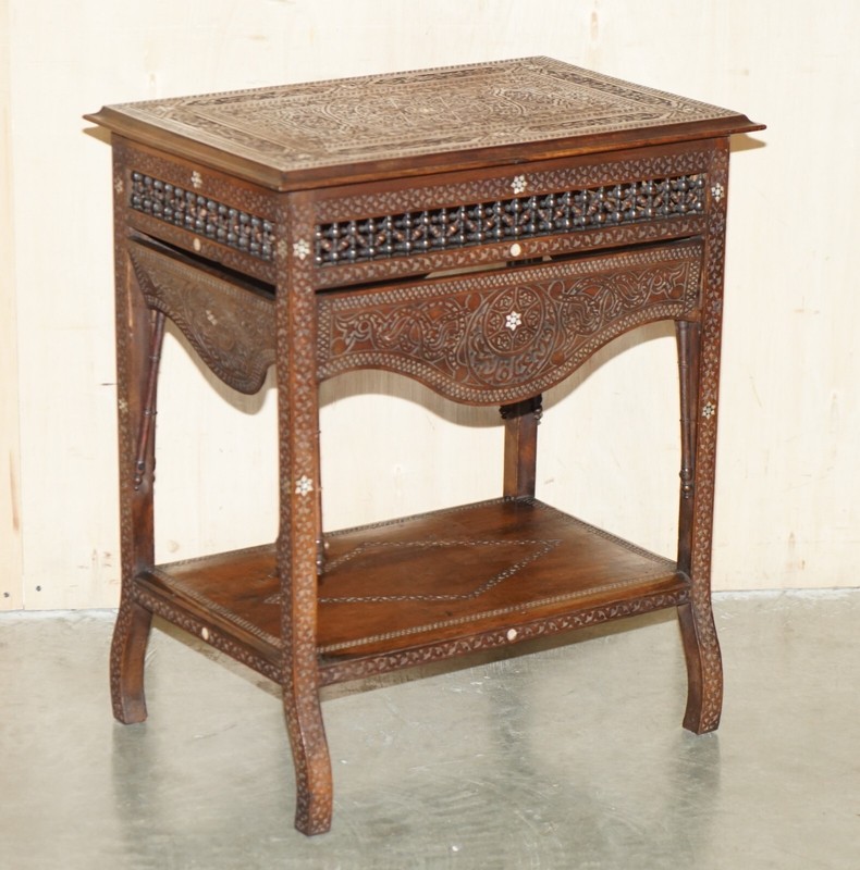 ANTIQUE MOROCCAN HAND CARVED LIBERTY'S LONDON MOTHER OF PEARL SILVER TEA TABLE gallery