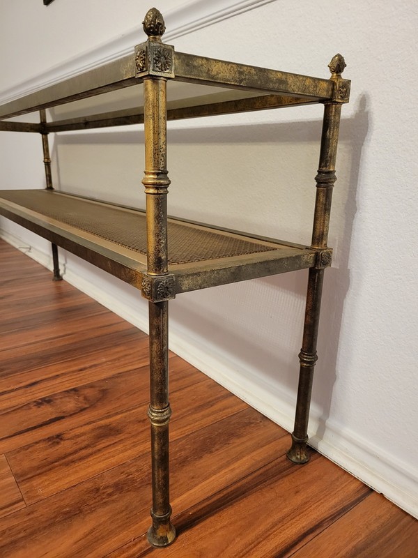 Vintage Hollywood Regency Gold Entry Table 1970s Modernist Etagere Tiered gallery