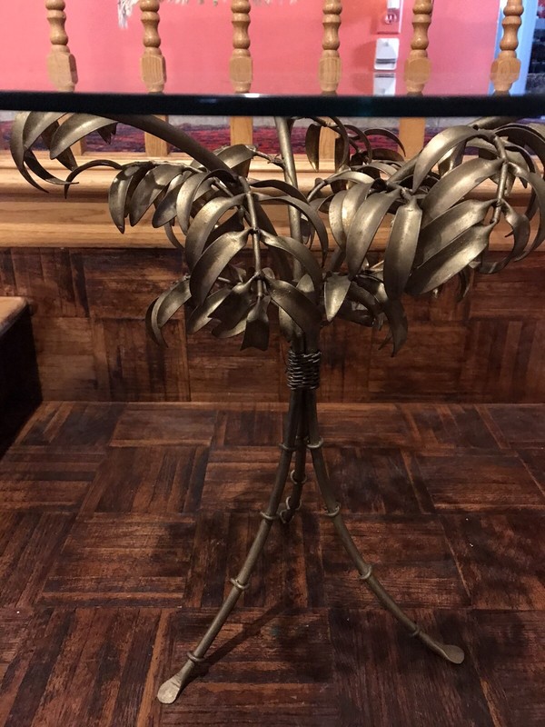 ITALIAN GILT METAL PALM TREE FORM SIDE TABLE. ROUND GLASS TOP. gallery
