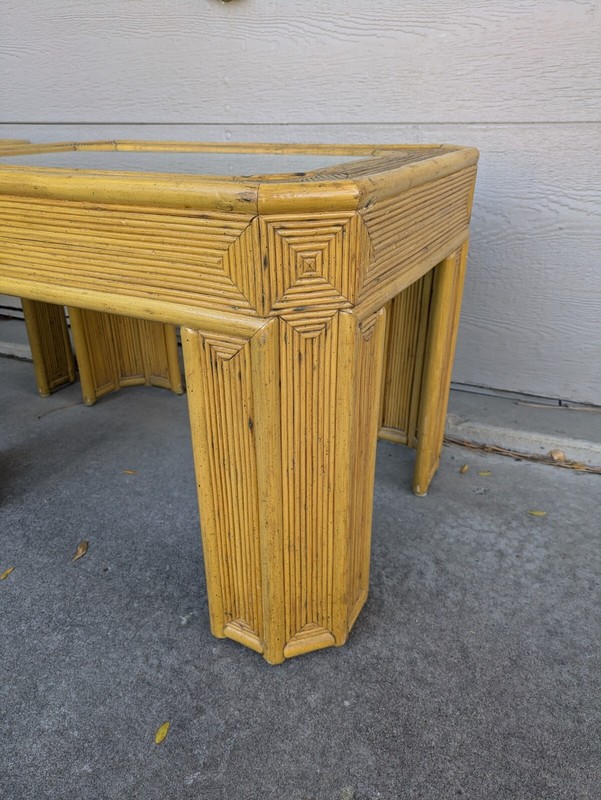 Vintage Pair of Boho Chic Bamboo Rattan Pencil Reed Tables Mid Century Modern gallery