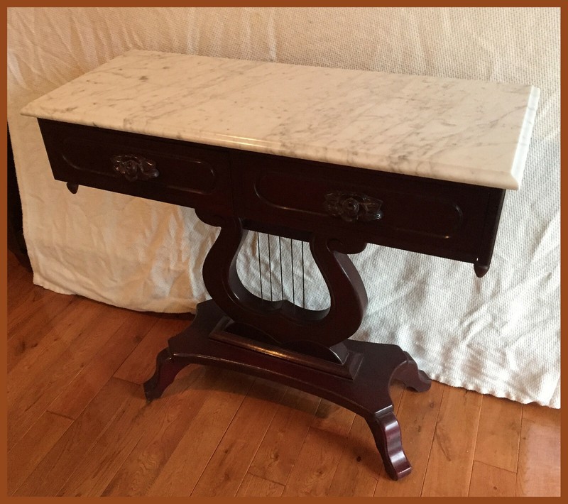 Victorian Mahogany Genuine Italian Marble Top Lyre Table Harp Base 2 Drawers