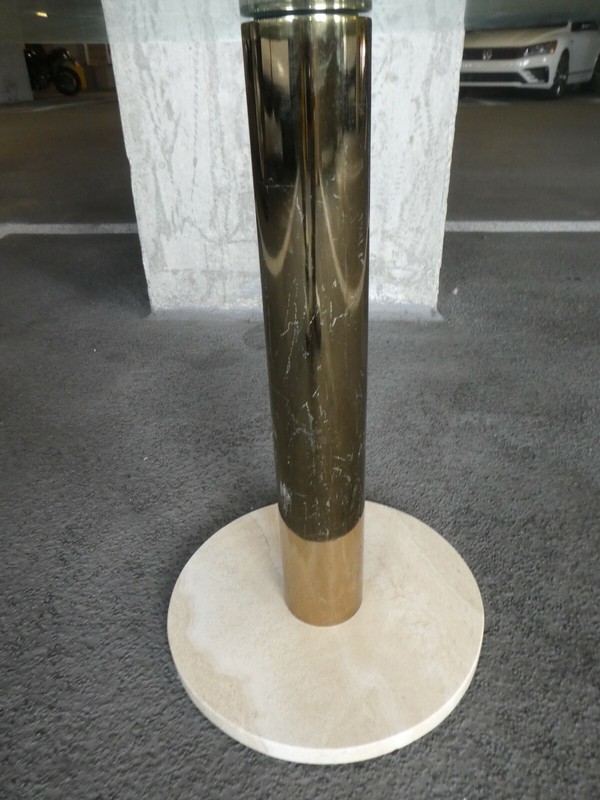 1970'S BRASS AND GLASS SIDE TABLE ON A TRAVERTINE MARBLE BASE gallery