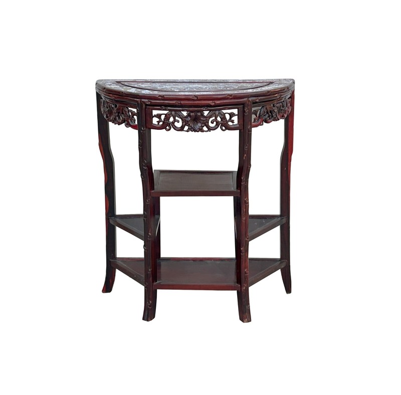 Vintage Reddish Brown Mother Of Pearl Inlay Half Round Console Altar Table GB116