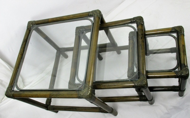 Set of 3 Vintage Nesting Coffee Side Tables Faux Bamboo Rattan Lounge gallery