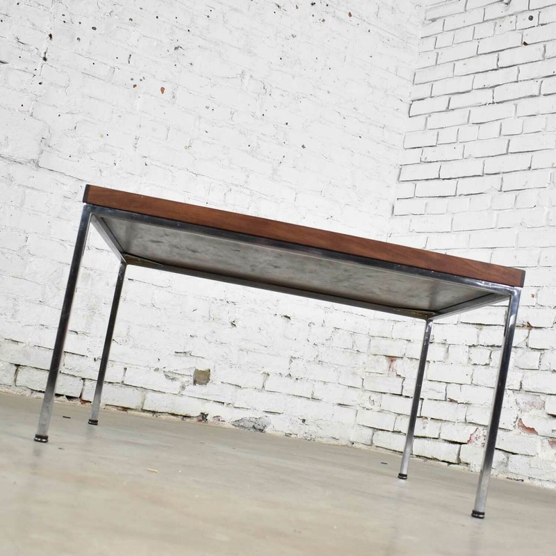 Mid Century Modern Chrome & Walnut End or Coffee Table After Florence Knoll gallery