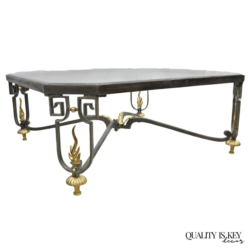 Vintage French Neoclassical Large Wrought Iron & Glass “Flame” Coffee Table