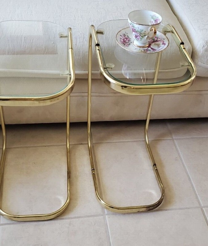 Milo Baughman Style Brass and Glass Cantilever Side End Tables, Pair gallery