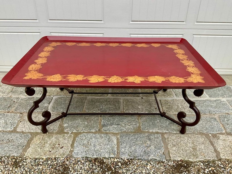 Hand Painted Red Tole Tray Top and Iron Base Coffee Table