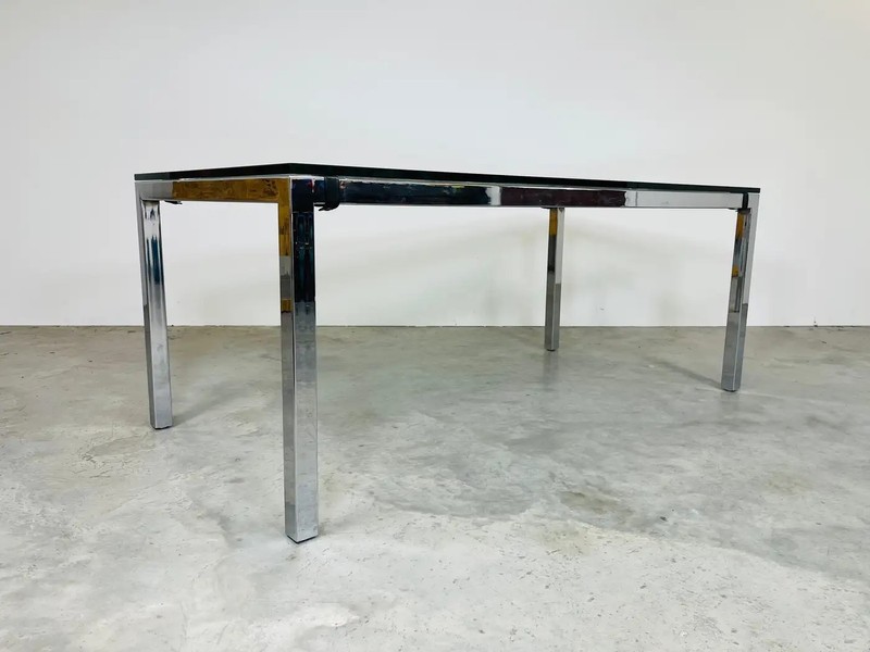Mid-Century Milo Baughman Style Chrome And Glass Top Dining Table By Tri-Mark gallery