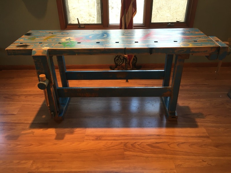 VINTAGE CARPENTER WORKBENCH (red oak, faded blue paint)