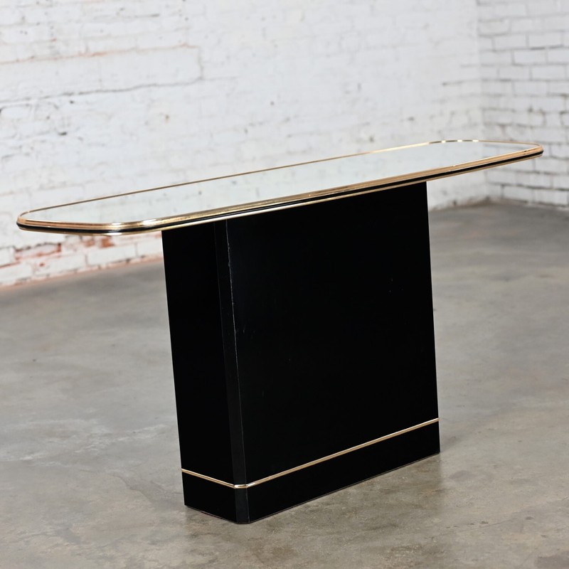 Postmodern Sofa or Console Table with Mirror Top & Black Lacquered Pedestal Base