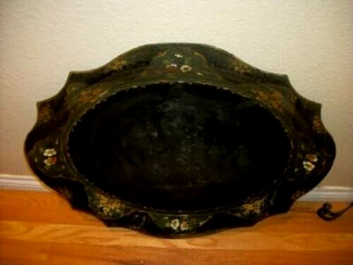 Victorian English HP Tole Tray Table Gilt Floral Green Black Huge Folding Legs gallery
