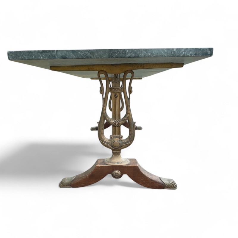 19th Century Marble Top Table with Brass Frame & Lyre Legs Antique gallery
