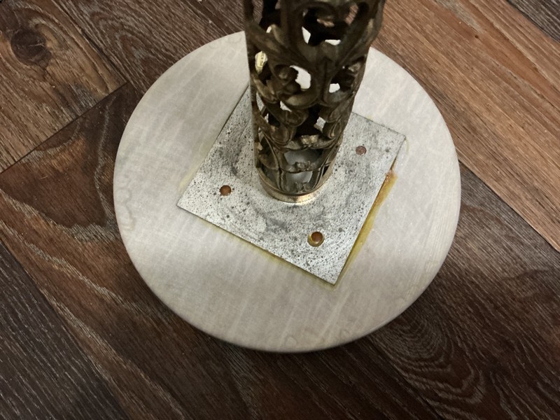 Vintage Reticulated Solid Brass Marble Top Freestanding Ashtray approx 18” gallery