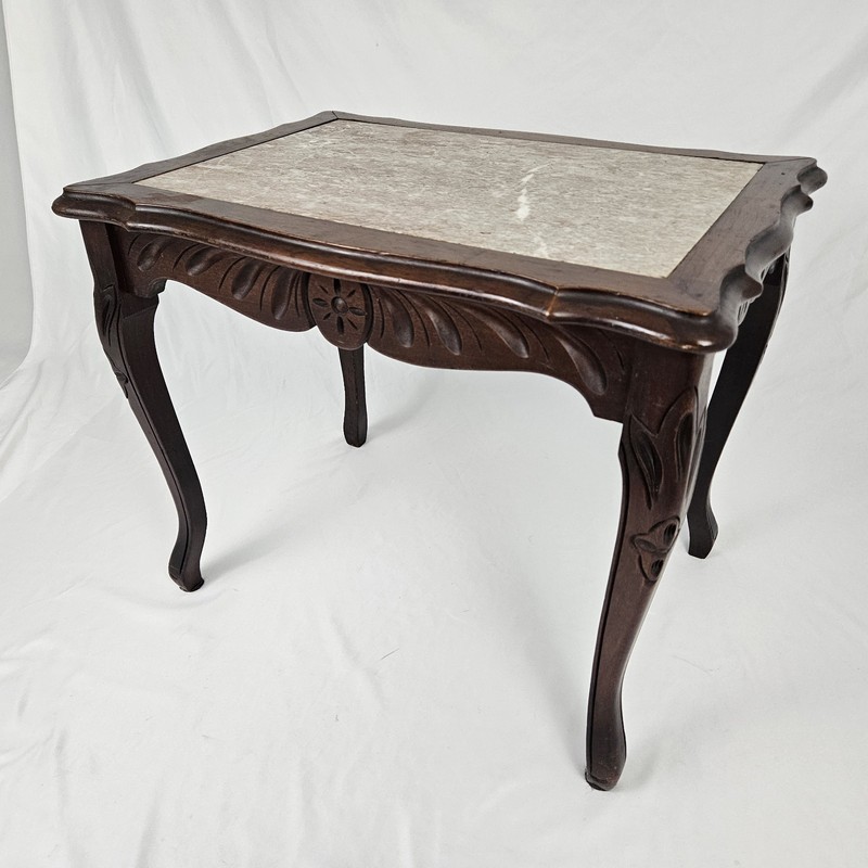 Vintage Louis XV Marble Top Tea Table Carved Walnut French Rococo Antique gallery