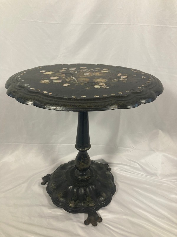 Antique Victorian Papier-Mâché Pedestal Table | Mother of Pearl Inlay |25'' H gallery